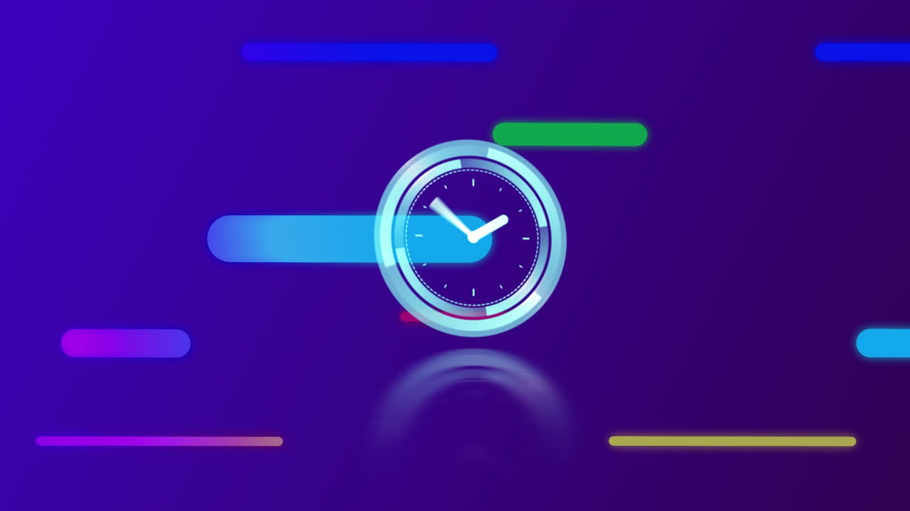 Animation of clock over colorful trails on dark blue background