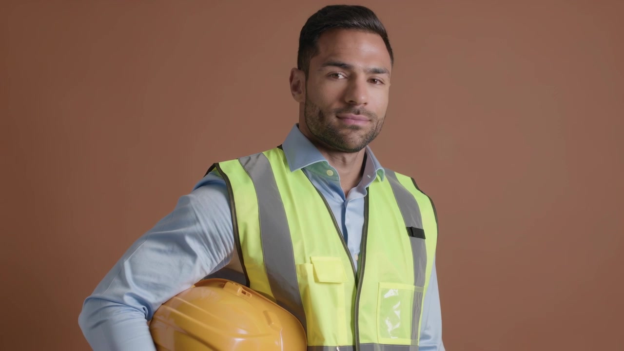 La cámara se acerca a un trabajador posando en un estudio, sosteniendo un sombrero amarillo y vistiendo un chaleco de alta visibilidad.