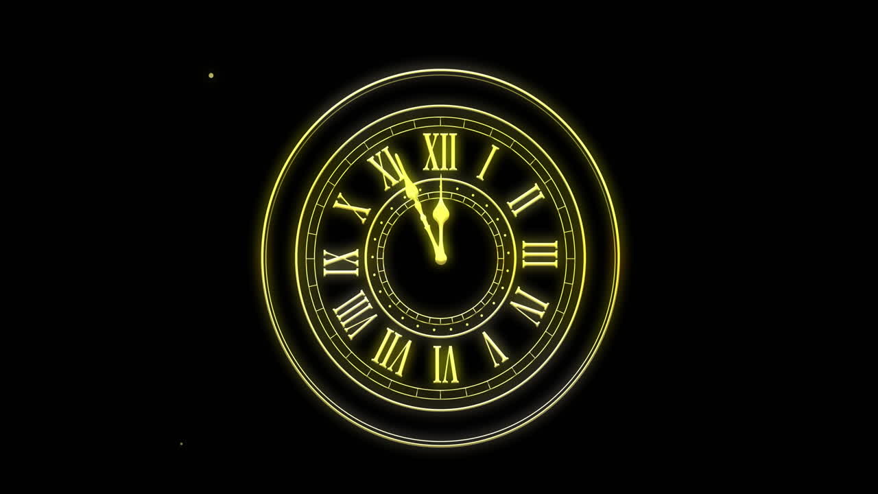 Animation of clock showing midnight and fireworks exploding on black background