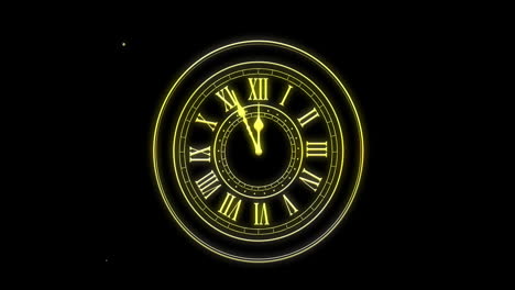 animation of clock showing midnight and fireworks exploding on black background