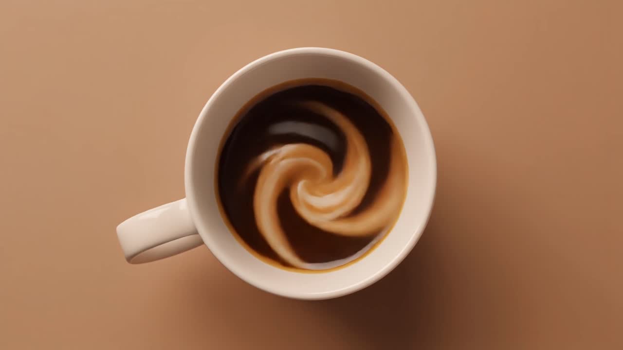 Crema e caffè ipnotici che si mescolano in una tazza bianca