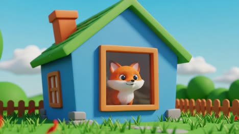 a cartoon fox peeking out from a colorful house with a bright garden in a whimsical animation, showcasing a charming and playful scene