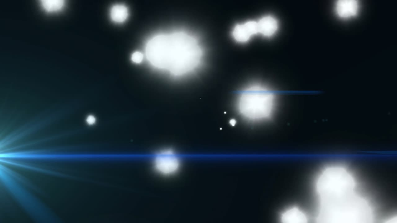 Blue flare emerging left pulsing particles drifting inward clustering above horizontal beam