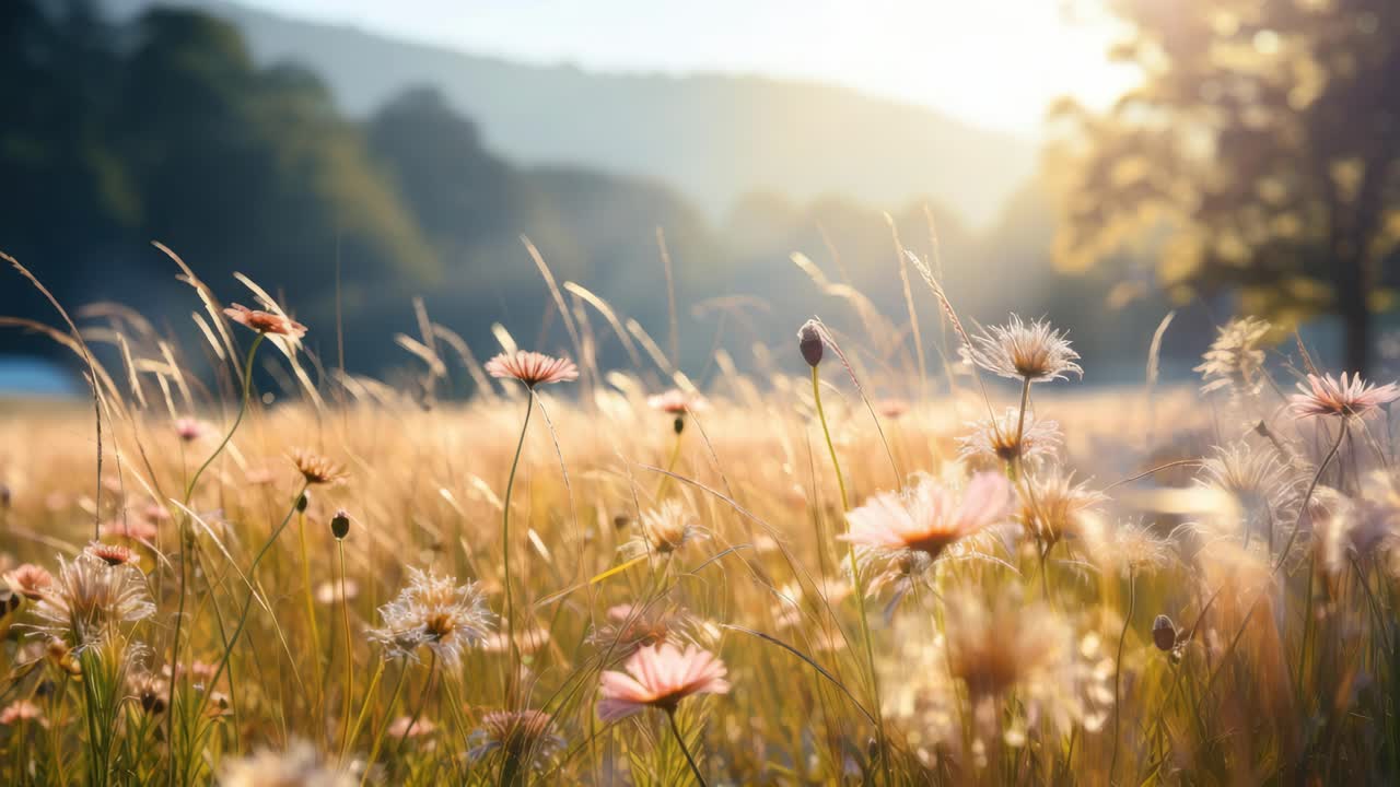 A serene meadow at sunrise with wildflowers in focus. Low-angle shot captures the golden light