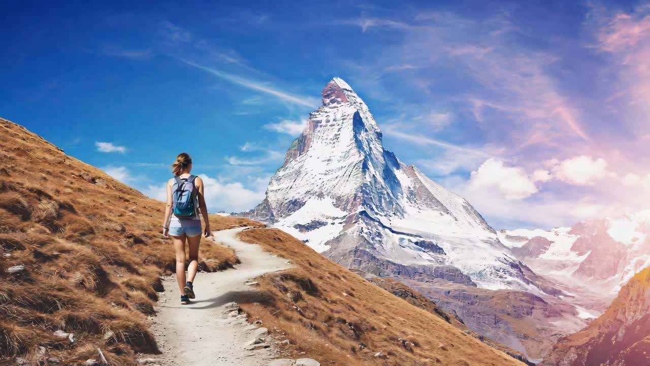 Woman Hiking on a Trail with the Matterhorn in the Background