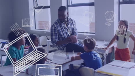 Animation of school items icons over happy diverse male teacher with students in classroom