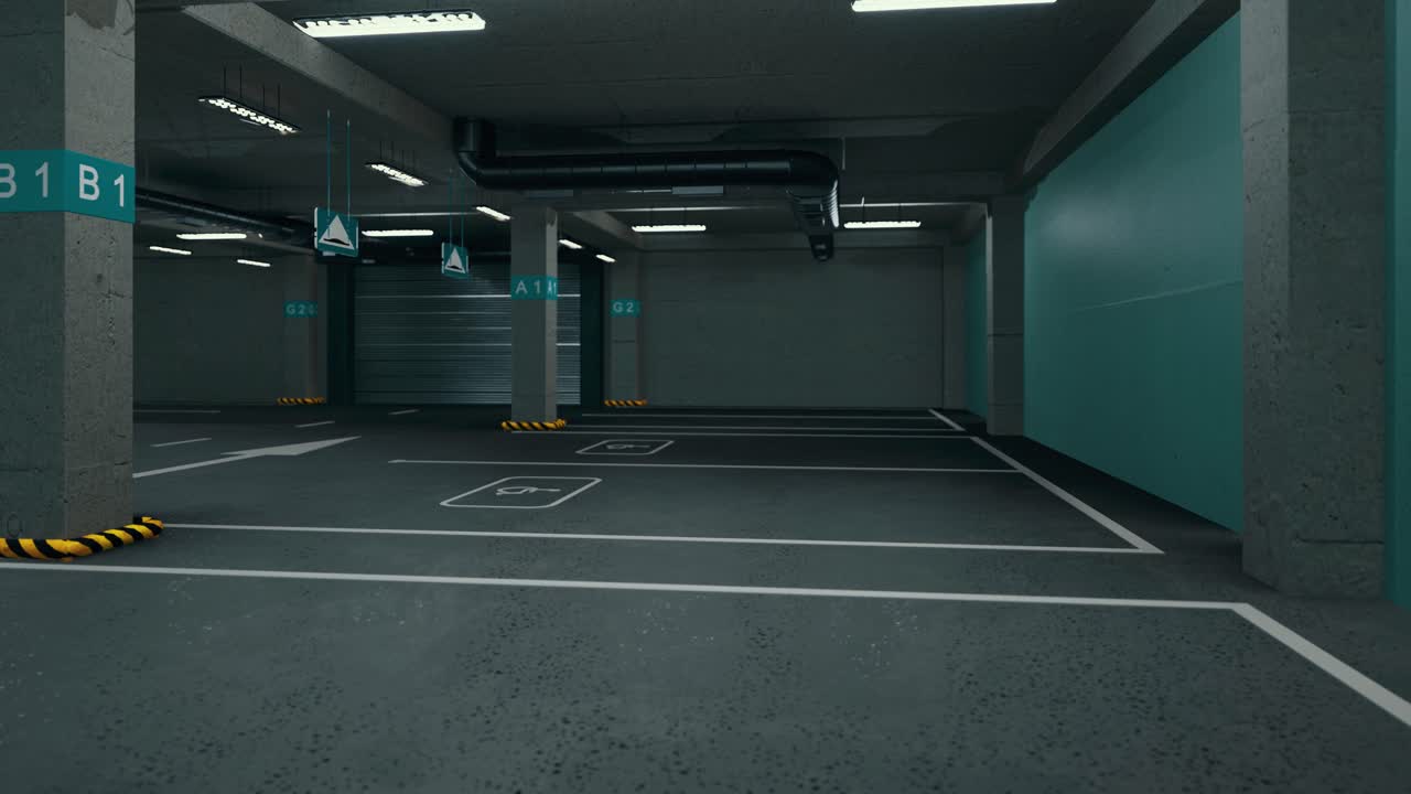 Underground parking without cars. Modern underground parking. Indoor full modern parking. Underground Parking Garage Scene