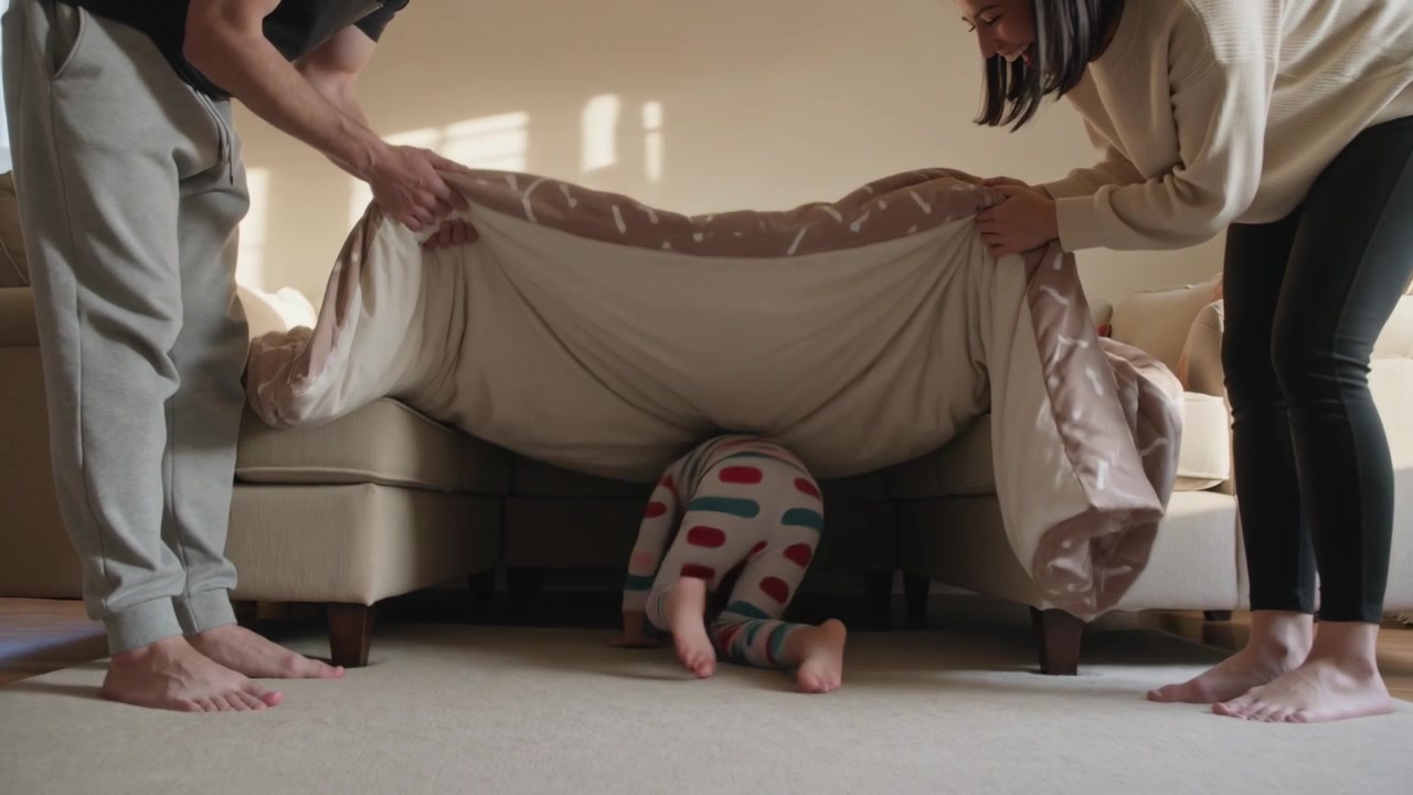 Genitori che tengono una coperta formando un tunnel, un bambino in vestiti a pois gattona nello spazio del divano per giocare.