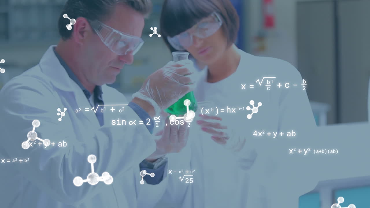 실험실에서 현미경을 사용하여 카우카시안 과학자들에 대한 분자 및 수학적 방정식의 애니메이션