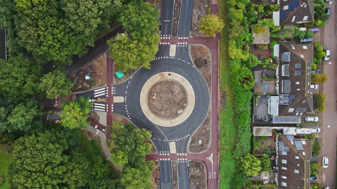 Aerial View of a Roundabout Under Construction in a Residential Area
