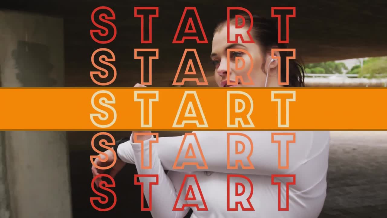 Animation of start text in repetition with orange stripe over woman stretching in background