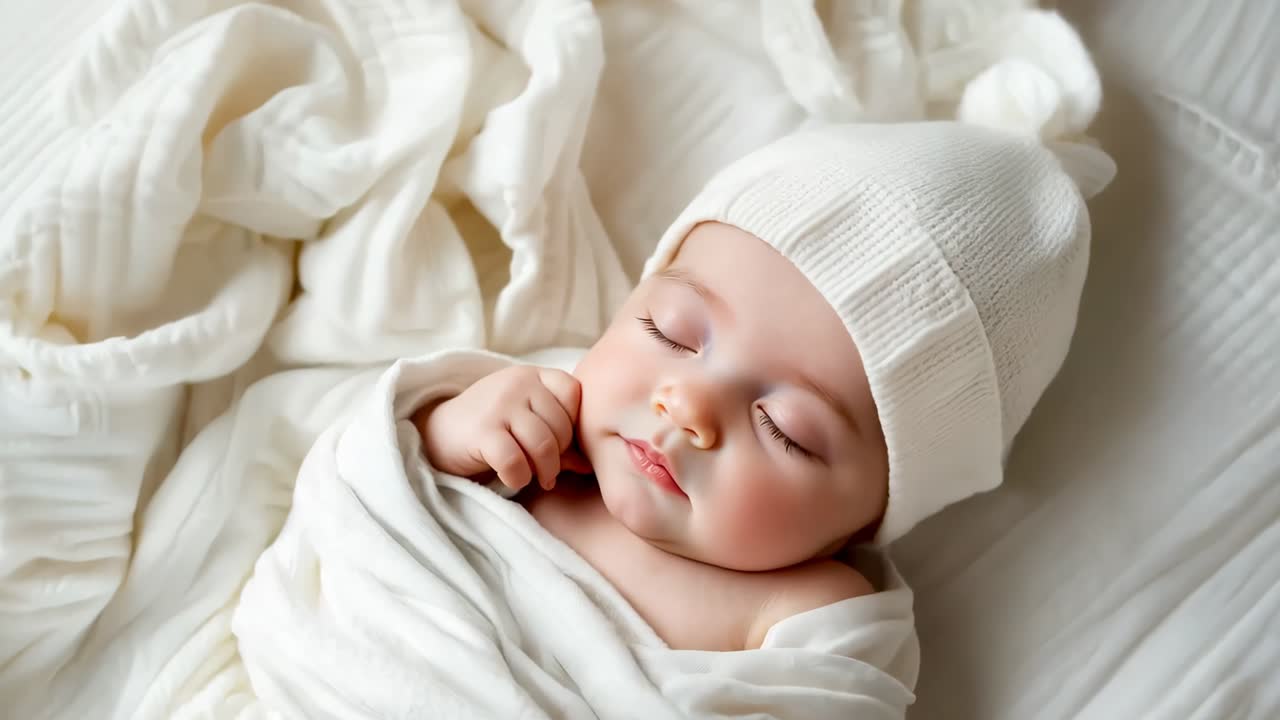 Un bebè che dorme su una coperta bianca, avvolto in un cappellino bianco.