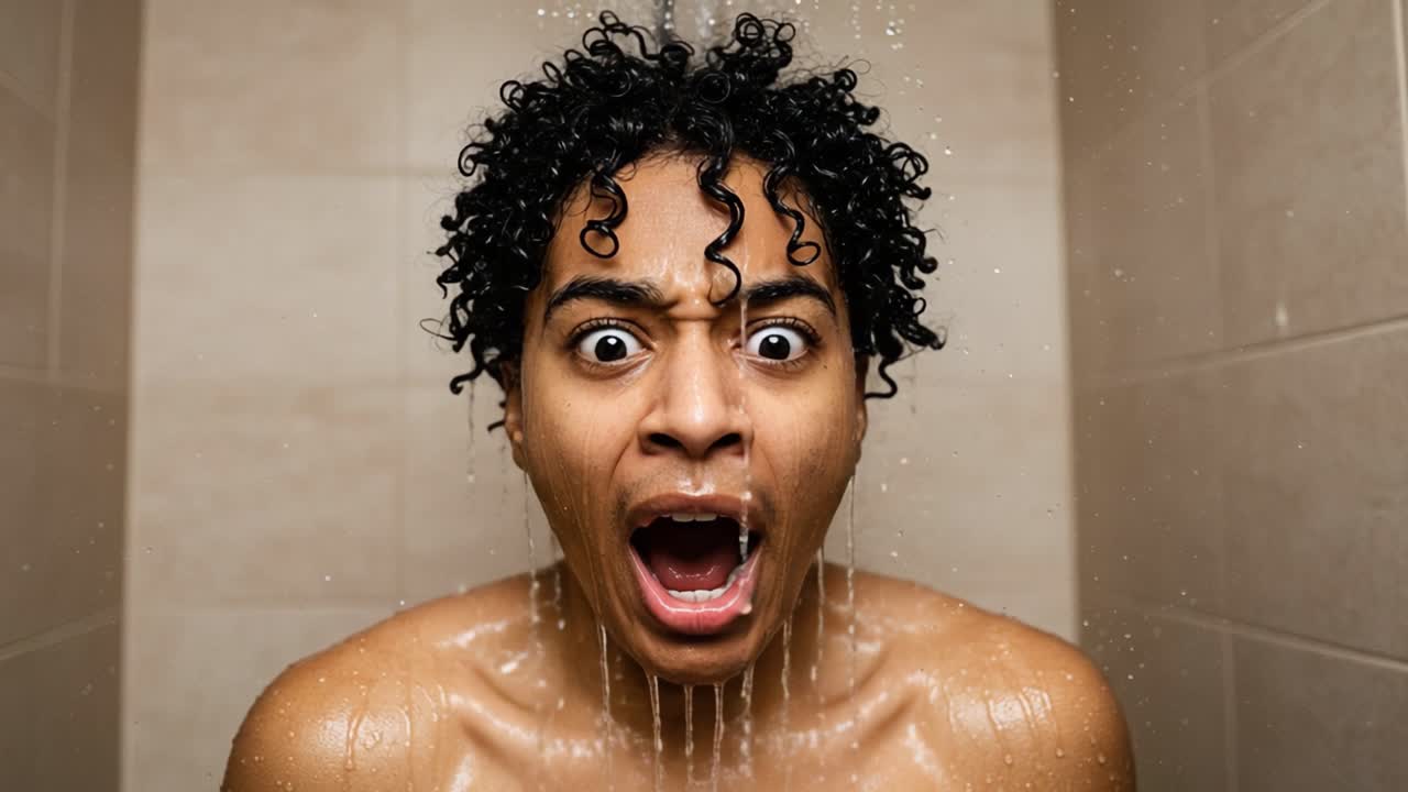 A Surprising Shower Experience: Capturing the Shift from Shock to Surprise in Two Frames of an Unexpected Water Shower Encounter