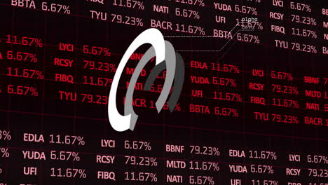 datos del mercado de valores con porcentajes animación sobre fondo rojo con símbolos financieros