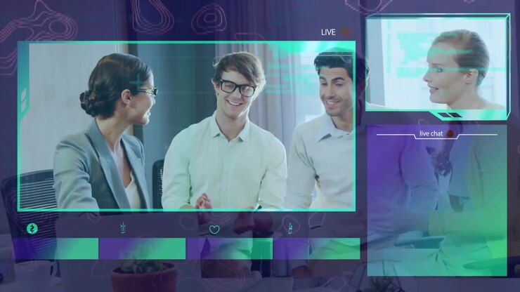 Animation of data processing over diverse business people at office