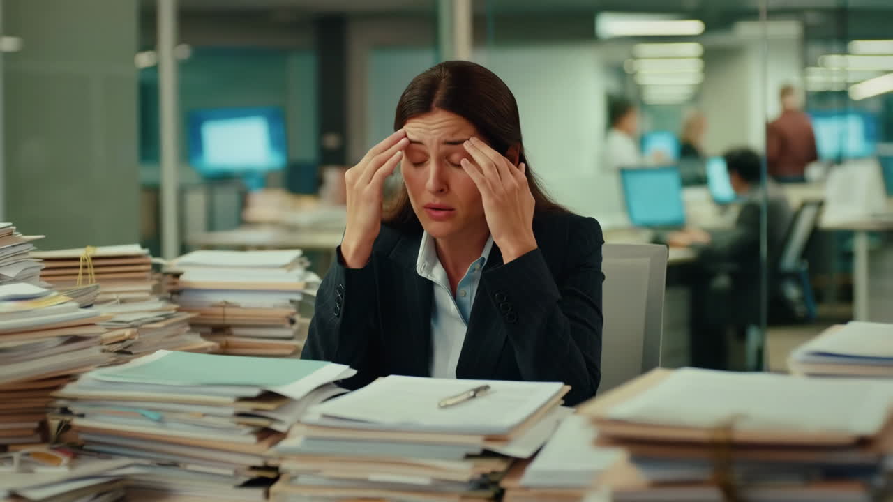 Stressed Businesswoman Overwhelmed by Excessive Paperwork