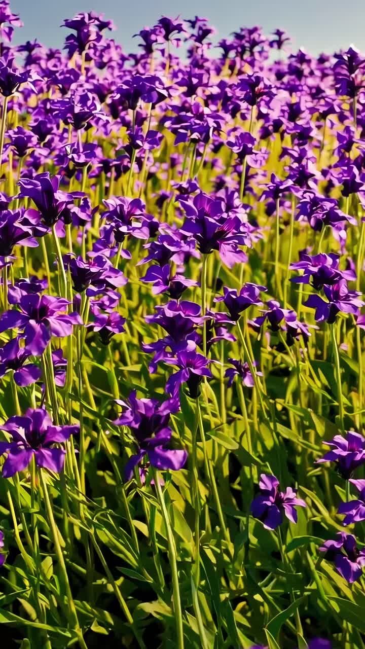 Vibrant video of purple flowers in a field, captured from a low angle, showcasing the blossoms