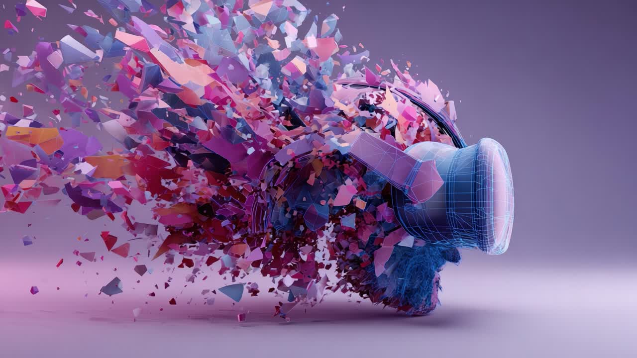 Dynamic Audio Visualization: A Vibrant Display of Colorful Fragments Erupting from a Digital Headphone Design, Capturing the Essence of Music and Sound in a Stunning Artistic Representation