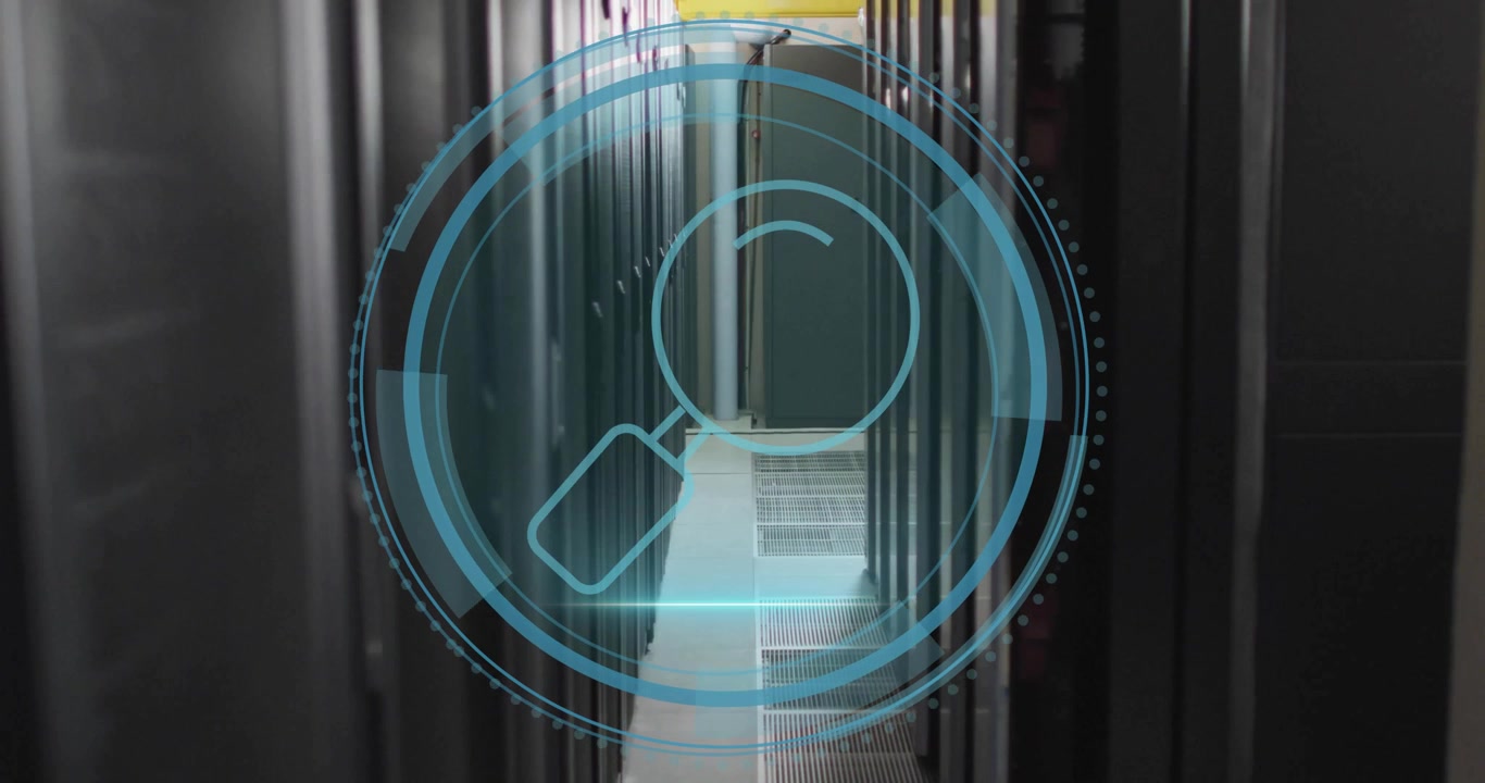 Shield outline appearing triggers rings forming at lens icon while beam scanning racks for security