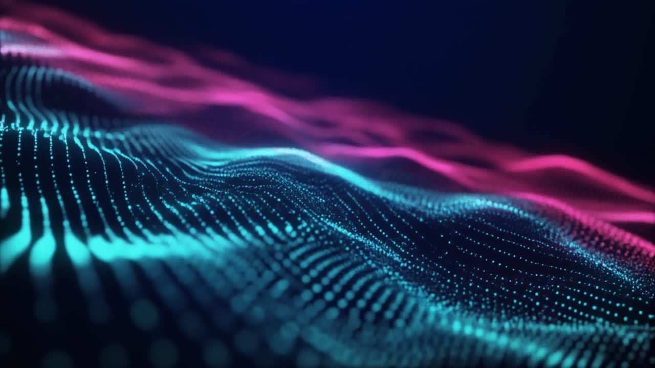Dynamic Digital Waveform of Glowing Blue and Pink Particles
