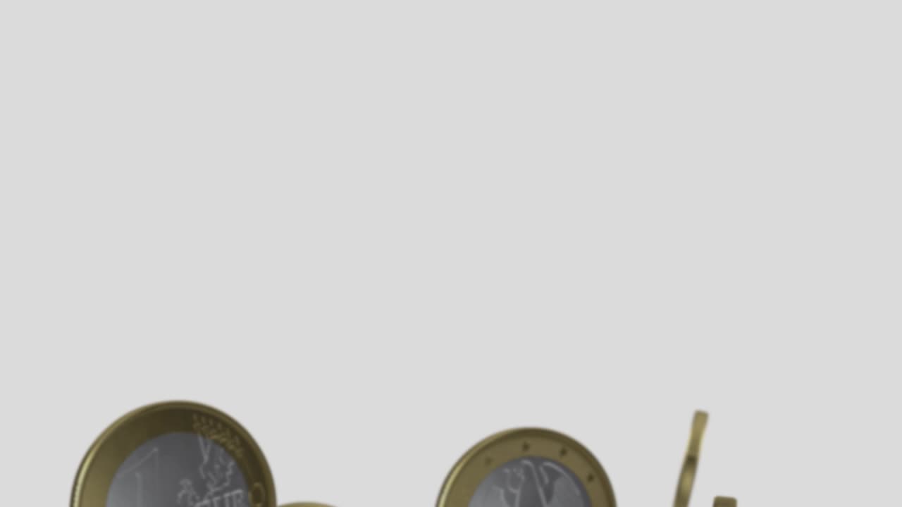 las monedas de un euro caen sobre un fondo blanco en resolución 4k con canal alfa
