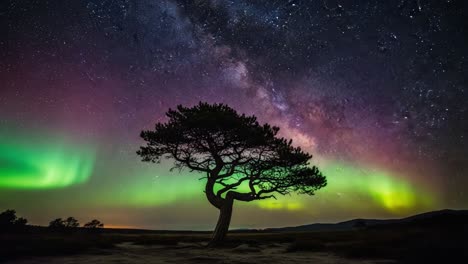 vibrant aurora and milky way above a silhouetted tree