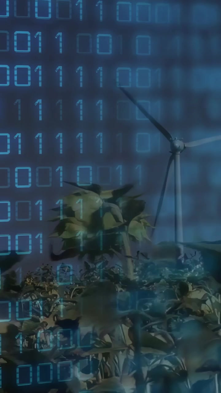 Rotating three-blade wind turbine rising above leafy crop rows at rural field, blue binary overlay