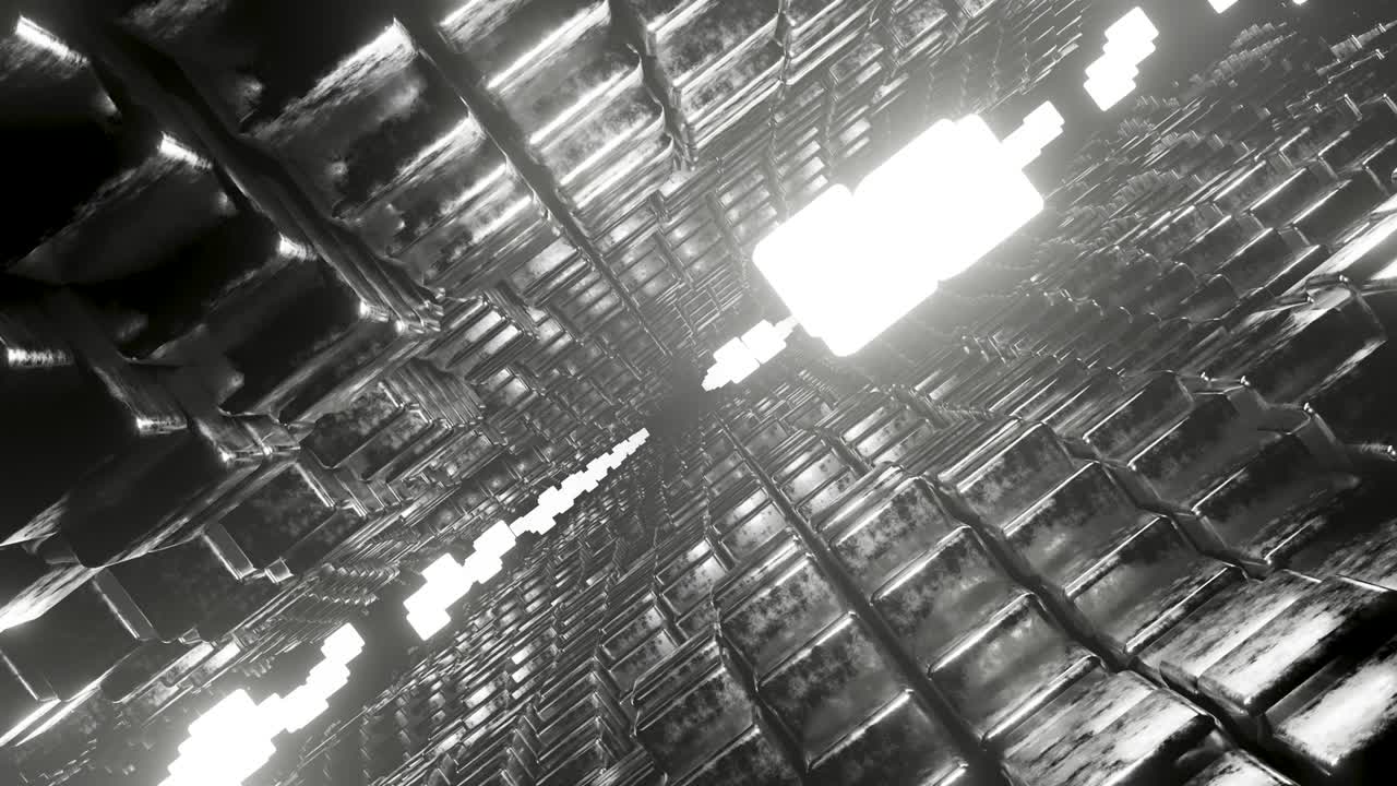 3d steel cubes tunnel, Abstract flying in futuristic corridor, seamless loop 4k background, fluorescent light, glowing neon cubes, geometric endless tunnel, red spectrum, wave, 3d render