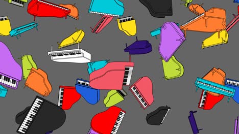 many colorful pianos on gray background.