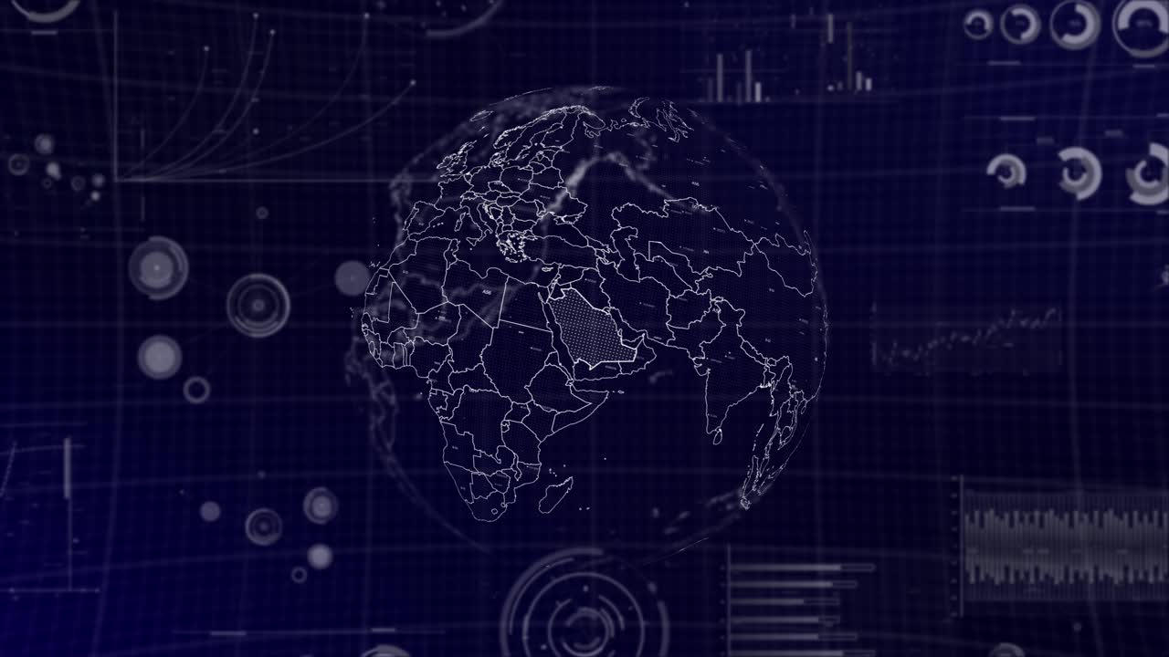 Data analysis Technology Globe rotating on Saudi Arabia Country with graphs,charts, analytics in background | Saudi Arabia country Globe rotating 4K|60 FPS video,data analysis technological background