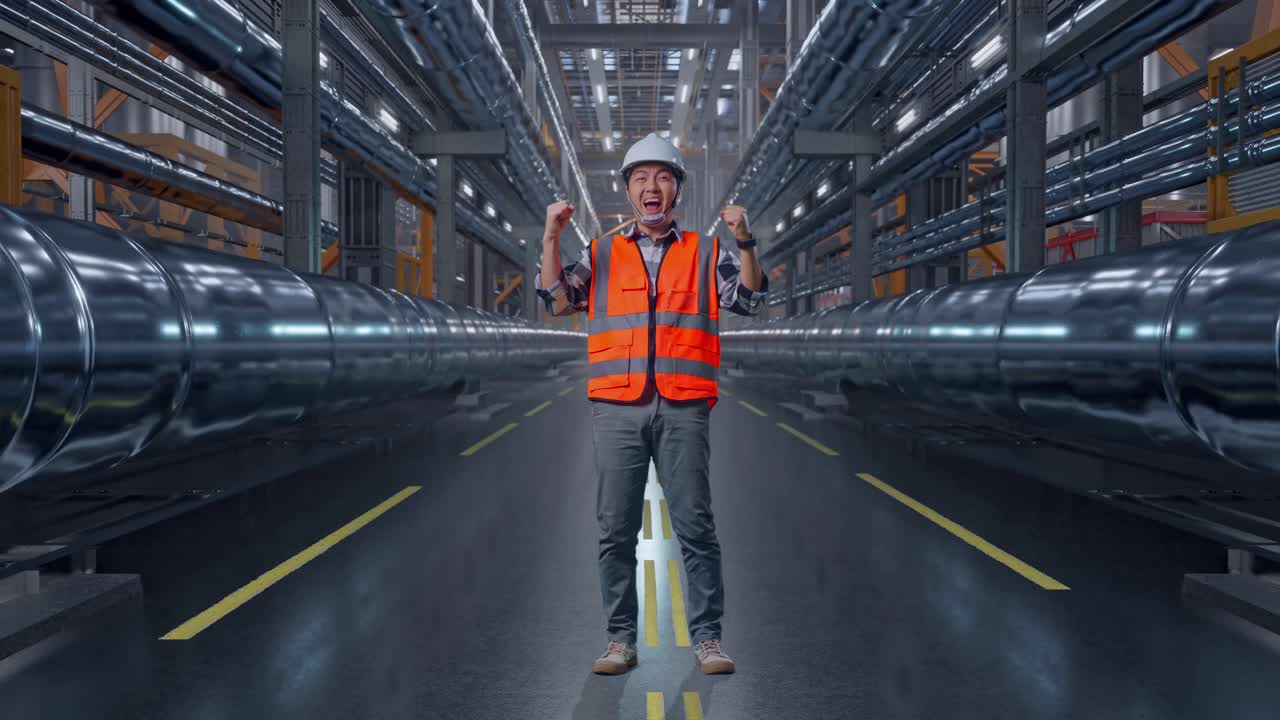 Engineer Celebrating Success in Industrial Setting