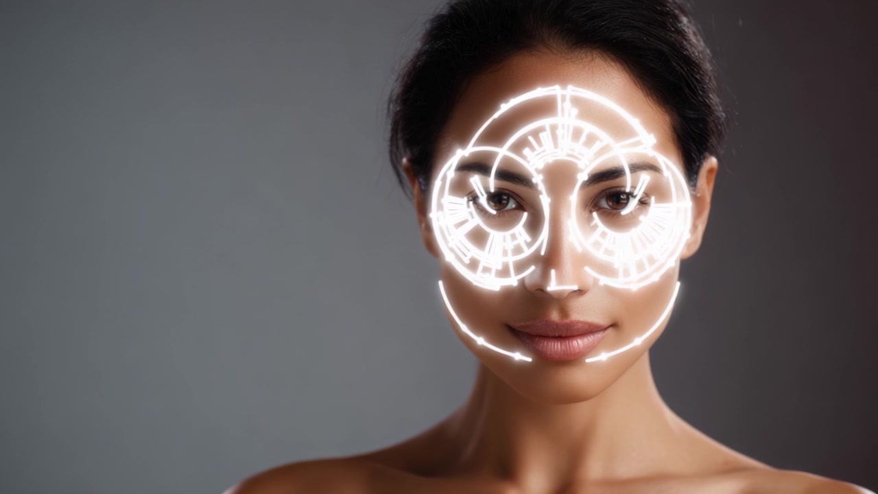 Uma exibição cativante de tecnologia de mapeamento facial realça os traços de uma mulher deslumbrante, destacando a beleza através da visualização digital e efeitos artísticos.