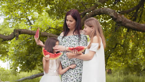 happy family enjoying watermelon in park