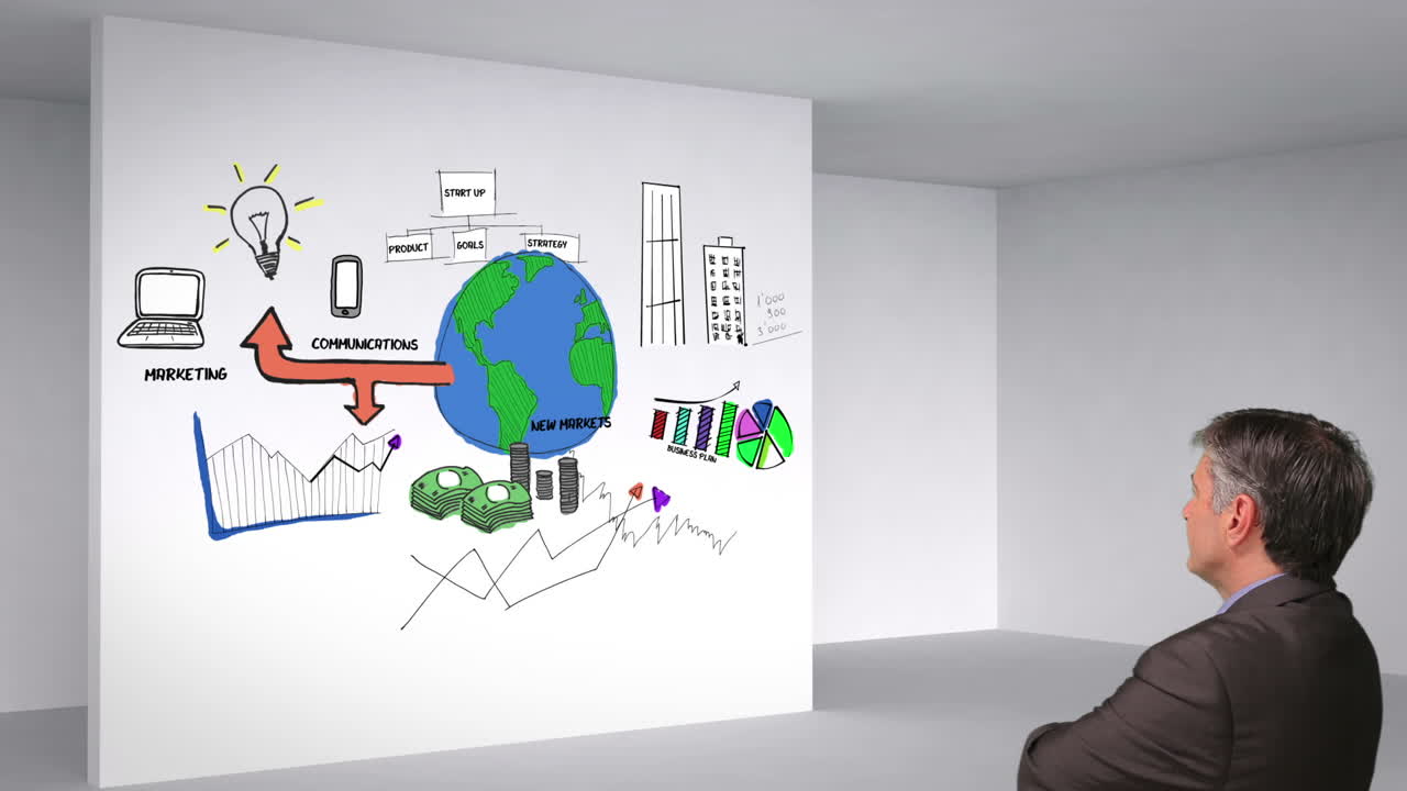 animación a color que muestra el plan de negocios en la habitación 3d y el hombre mirando