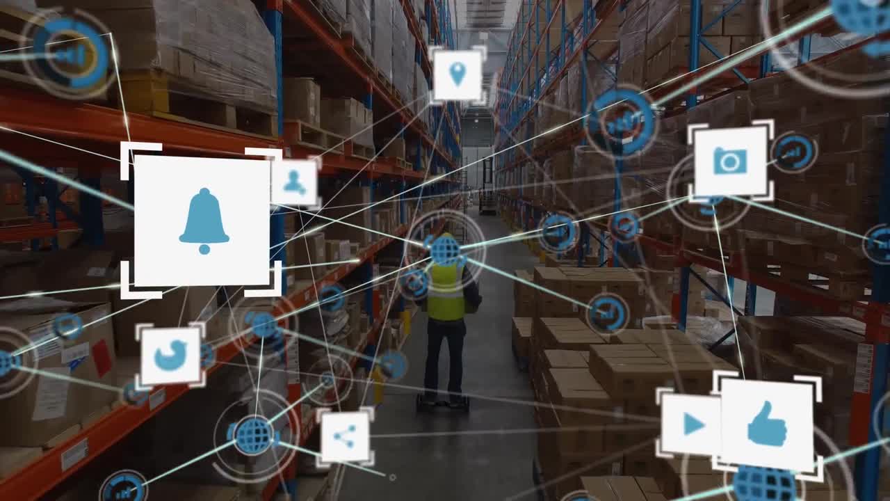 animación de iconos en visores interconectados con líneas, empleado usando hoverboard en el almacén