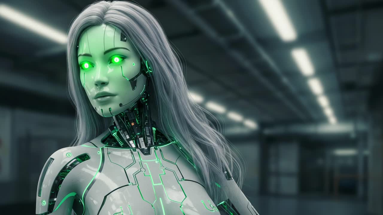 A Captivating Visual Journey Through Advanced Robotics: The Evolution of a Futuristic Synthetic Being with Elegant Features and Neon Accents in a Modern Setting
