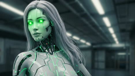 a captivating visual journey through advanced robotics: the evolution of a futuristic synthetic being with elegant features and neon accents in a modern setting