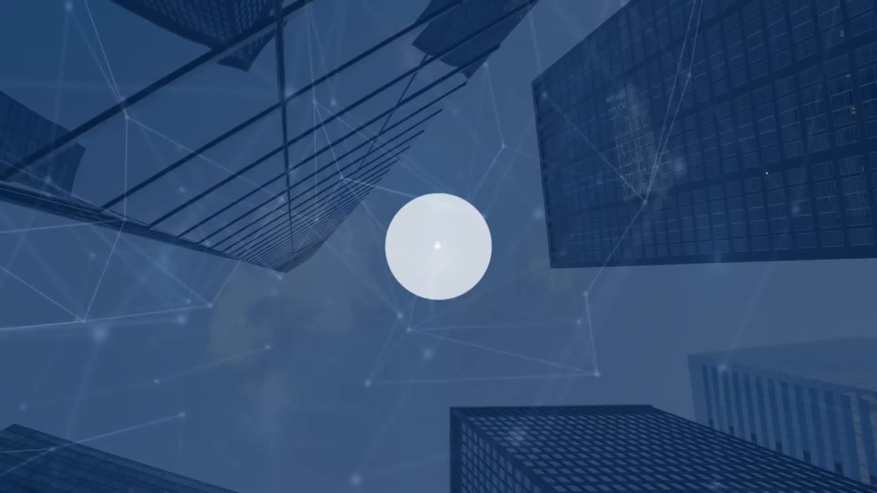 Animazione di una rete di connessioni con icone su un ufficio vuoto.