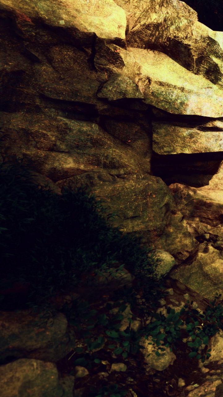Natural rock formation glows with warm hues in a tranquil forest setting