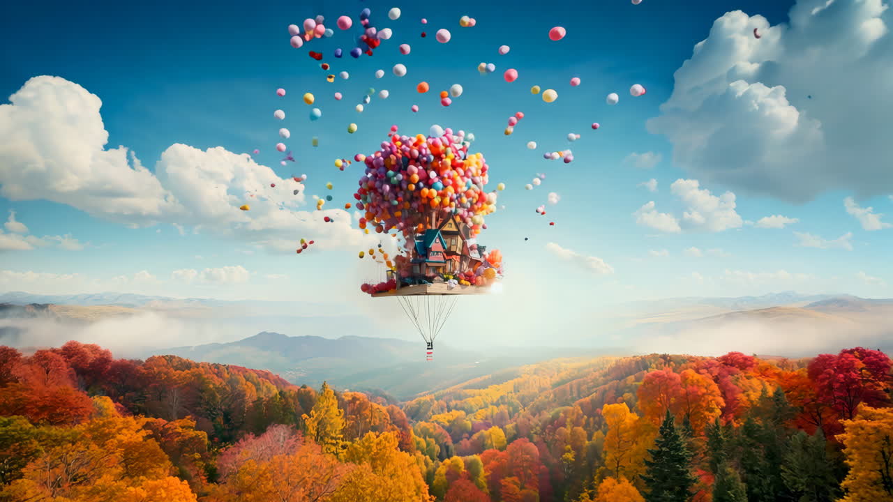 A colorful house with a bunch of balloons on top of it. The balloons are in different colors and sizes, and they are scattered all over the house.
