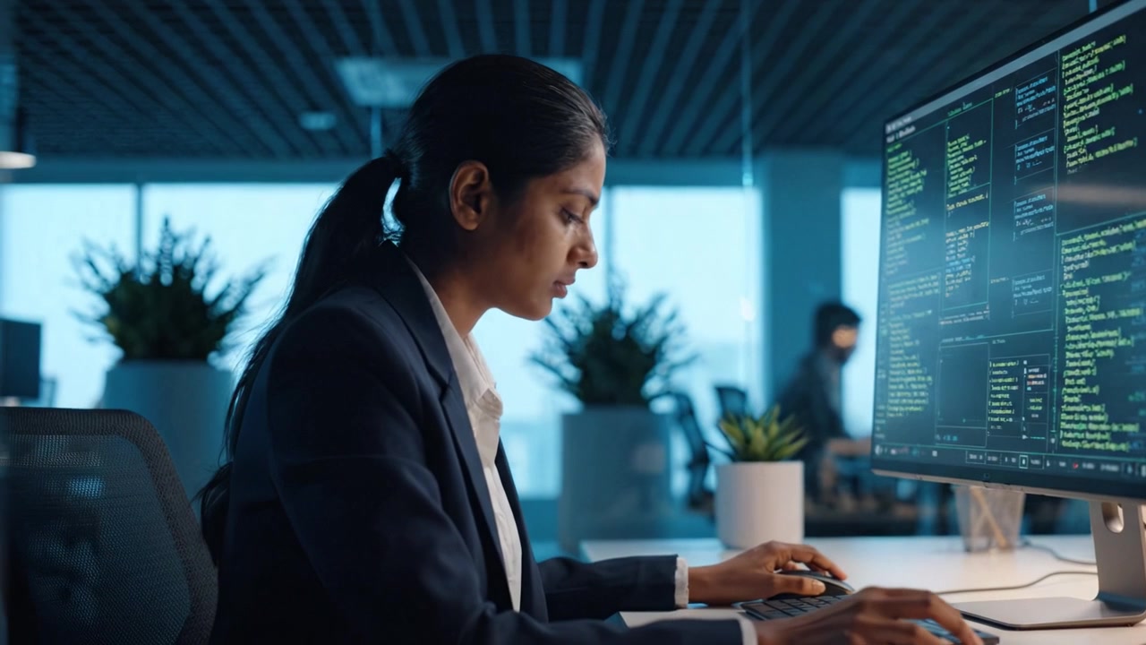 Focused Professional Programmatically Analyzing Data and Code Visualizations in a Modern Workspace with Dynamic Interfaces and Bright Indoor Lighting