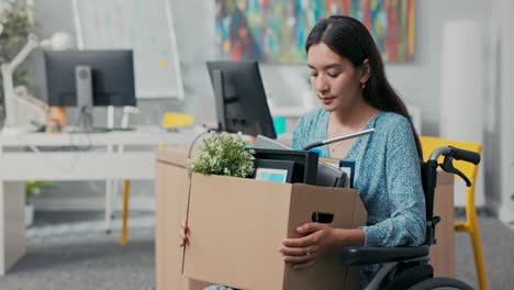 a disabled attractive woman dressed as an asian korean beauty sits in a wheelchair at a corporate desk on her lap holding a cardboard box of packed belongings, fired from job, thrown out of position