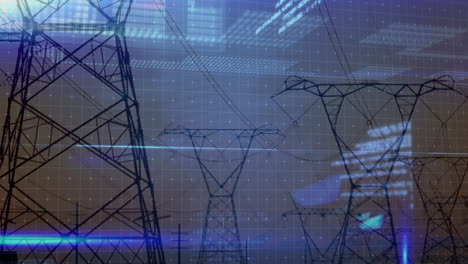 animation of data processing and light trails over pylons and sky