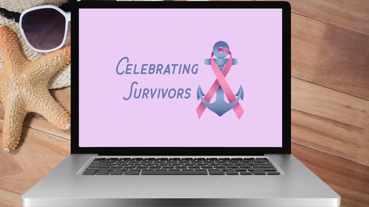 Animazione del logo con nastro rosa e ancora e del testo "celebrating survivors" sullo schermo del laptop