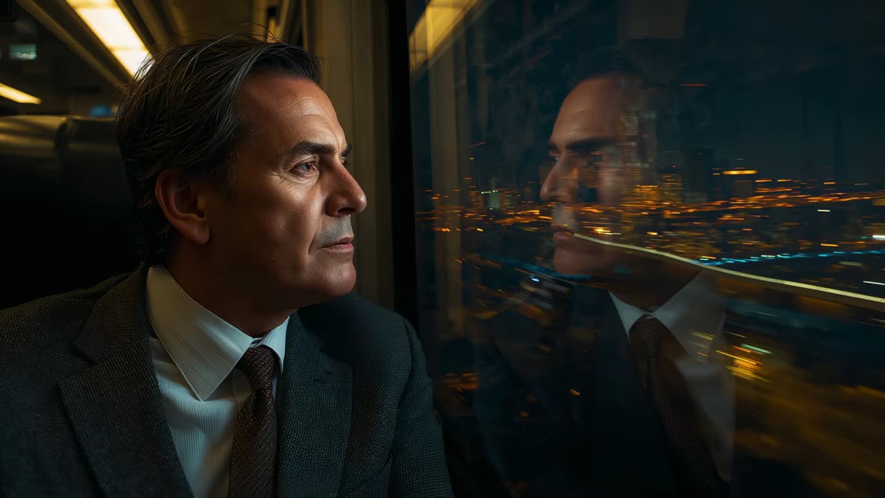 Gazing man in suit during train motion, watching night window lights reflecting face, copy space