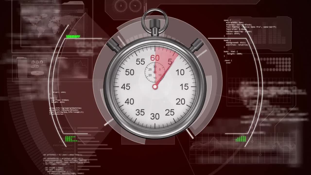 Animation of digital data processing on screen over stopwatch