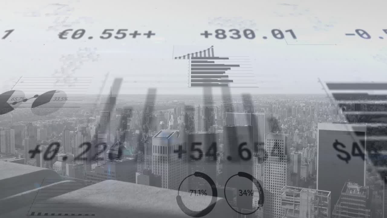 도시 배경에서 금융 데이터 및 통계 처리의 애니메이션
