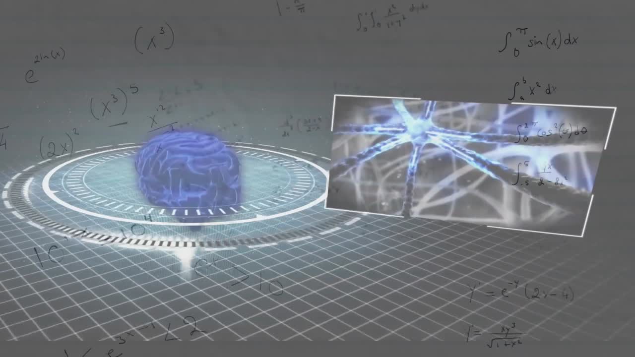Animation of human brain spinning and medical data processing on screens