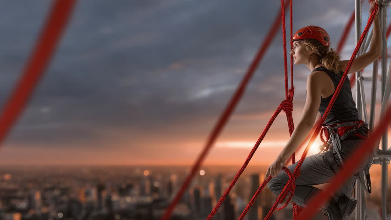 Femme grimpant sur un chantier de construction au coucher du soleil