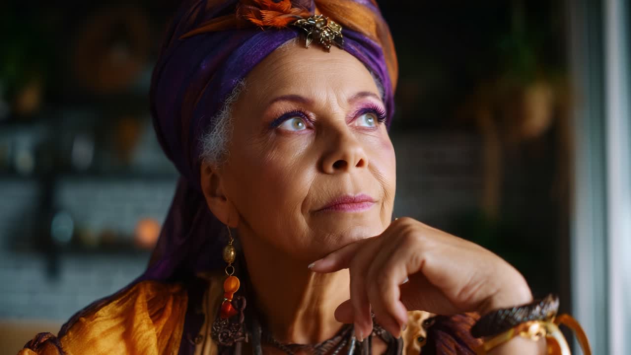 Una donna contemplativa, adornata con gioielli colorati e abiti vivaci, guarda pensierosa, mostrando eleganza e saggezza, catturando un momento di profonda riflessione.